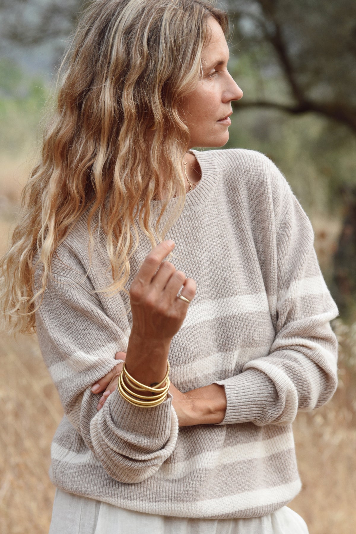 The Cashmere Maya Crew Neck // Sand Stripe